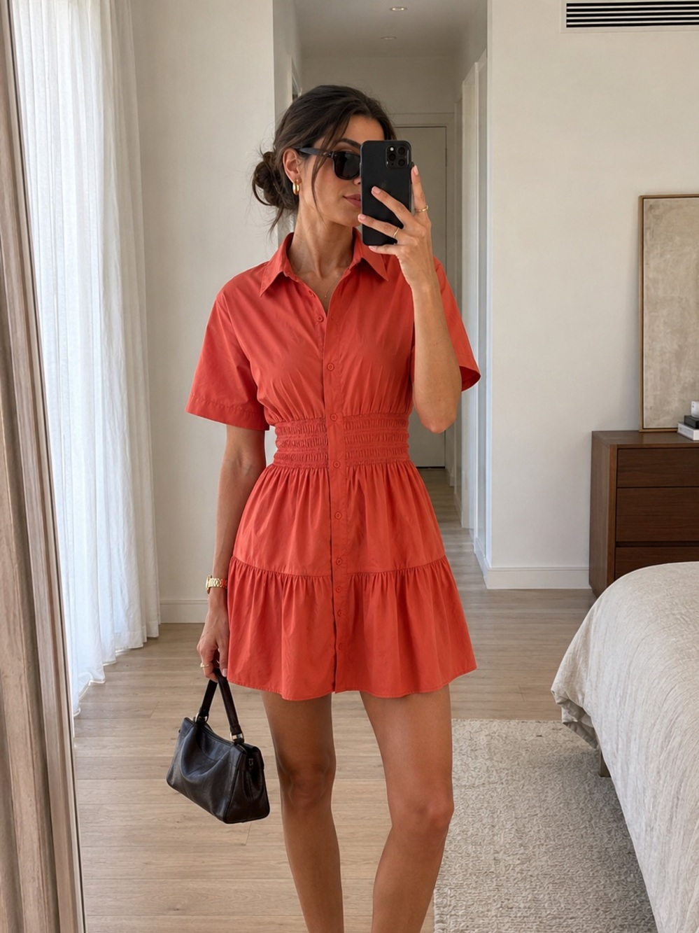 Veronica Beard Coral Red Tiered Shirtdress